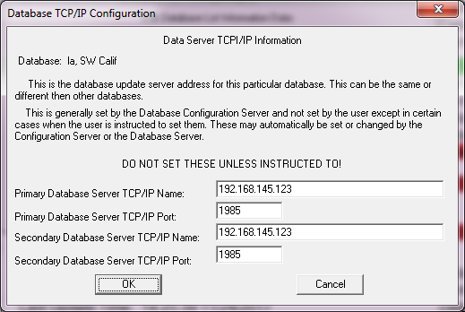 Database Update TCP/IP Server Location Dialog